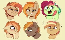 Size: 2800x1750 | Tagged: safe, artist:thegamblehorse, deleted from derpibooru, derpibooru import, oc, oc:ante up, oc:bacon grease, oc:parlay, oc:rusted wrench, oc:shamrock fluke, oc:summer spark, unofficial characters only, earth pony, pony, bandana, blushing, expressions, female, floppy ears, freckles, heart, male, mare, question mark, smiling, stallion
