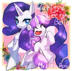 Size: 536x527 | Tagged: safe, artist:miga, derpibooru import, rarity, sweetie belle, pony, unicorn, abstract background, blank flank, cute, duo, eyes closed, female, filly, flower, misspelling, open mouth, pixiv, rose, siblings, sisters