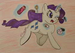 Size: 2657x1882 | Tagged: safe, artist:iffoundreturntorarity, derpibooru import, rarity, pony, atg 2019, makeup, newbie artist training grounds, running, traditional art