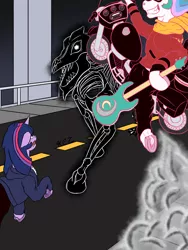 Size: 1500x2000 | Tagged: safe, artist:korencz11, derpibooru import, princess celestia, twilight sparkle, pony, skeleton pony, fanfic:star overhead, bone, bridge, fanfic art, female, filly, filly twilight sparkle, flcl, guitar, motorcycle, musical instrument, road, shadow, skeleton, younger