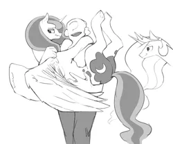 Size: 1000x832 | Tagged: safe, artist:redruin01, derpibooru import, princess celestia, princess luna, oc, oc:anon, alicorn, human, pony, :t, butt, cute, female, holding a pony, image, lidded eyes, lunabetes, mare, missing accessory, plot, png, scrunchy face, simple background, sketch, smiling, smirk, spread wings, underhoof, white background, wing fluff, wings