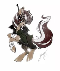 Size: 1280x1521 | Tagged: safe, artist:opalacorn, derpibooru import, oc, oc:roulette, unofficial characters only, earth pony, pony, fallout equestria, clothes, cocky, female, gun, hoof wraps, jacket, mare, rearing, rifle, simple background, smiling, smirk, solo, weapon