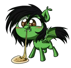 Size: 1200x1140 | Tagged: safe, artist:alittleofsomething, derpibooru import, oc, oc:prickly pears, bat pony, pony, bat pony oc, bat wings, cheese, chibi, food, pupusa, simple background, transparent background, wings