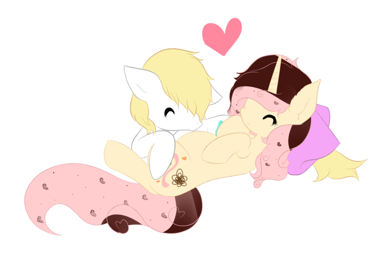 Size: 2117x1372 | Tagged: safe, artist:ambercatlucky2, derpibooru import, oc, oc:chocolate strawberri vanilli breezi, oc:ice luck, pegasus, pony, unicorn, belly, cute, female, heart, kissing, lying down, male, pillow, pregnant, simple background, smiling, transparent background