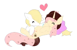 Size: 2117x1372 | Tagged: safe, artist:ambercatlucky2, derpibooru import, oc, oc:chocolate strawberri vanilli breezi, oc:ice luck, pegasus, pony, unicorn, belly, cute, female, heart, kissing, lying down, male, pillow, pregnant, simple background, smiling, transparent background