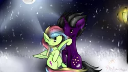 Size: 2789x1569 | Tagged: safe, artist:ambercatlucky2, derpibooru import, oc, oc:dirk, oc:volt, pegasus, pony, unicorn, belly, christmas, female, holiday, male, moon, night, pregnant, sitting, snow, winter