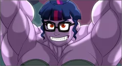 Size: 1140x623 | Tagged: safe, artist:atariboy2600, artist:bluecarnationstudios, derpibooru import, sci-twi, twilight sparkle, comic:the amazonian effect iii, equestria girls, armpits, bra, breasts, busty sci-twi, busty twilight sparkle, clothes, cropped, fangs, glasses, grin, muscles, red eyes, smiling, teeth, twilight muscle, underwear