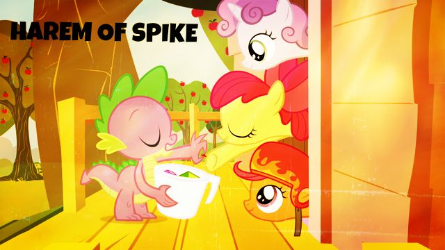 Size: 640x360 | Tagged: artist needed, safe, derpibooru import, edit, edited screencap, screencap, apple bloom, scootaloo, spike, sweetie belle, dragon, earth pony, pegasus, pony, unicorn, just for sidekicks, clubhouse, crusaders clubhouse, crusadespike, cutie mark crusaders, female, filly, gem, harem, helmet, male, measuring cup, scootaspike, shipping, spike gets all the mares, spikebelle, spikebloom, straight