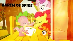 Size: 640x360 | Tagged: artist needed, safe, derpibooru import, edit, edited screencap, screencap, apple bloom, scootaloo, spike, sweetie belle, dragon, earth pony, pegasus, pony, unicorn, just for sidekicks, clubhouse, crusaders clubhouse, crusadespike, cutie mark crusaders, female, filly, gem, harem, helmet, male, measuring cup, scootaspike, shipping, spike gets all the mares, spikebelle, spikebloom, straight