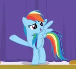 Size: 343x313 | Tagged: safe, derpibooru import, screencap, rainbow dash, pegasus, pony, grannies gone wild, curtain, female, mare, raised hoof, solo