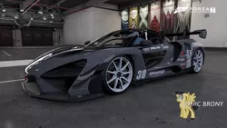 Size: 1280x720 | Tagged: safe, artist:forzaveteranenigma, derpibooru import, octavia melody, pony, fanfic:equestria motorsports, car, forza motorsport 7, garage, hypercar, livery, mclaren, mclaren senna, photo, watermark