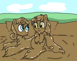 Size: 800x640 | Tagged: safe, artist:amateur-draw, derpibooru import, bon bon, lyra heartstrings, sweetie drops, earth pony, pony, unicorn, covered in mud, female, lesbian, looking at each other, lying down, lyrabon, messy, mud, mud bath, mud pony, muddy, shipping, side, wet and messy