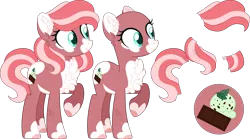 Size: 4848x2701 | Tagged: safe, artist:sh3llysh00, derpibooru import, oc, oc:mint chocolate chip, earth pony, pony, bald, female, magical lesbian spawn, mare, offspring, parent:fluttershy, parent:pinkie pie, parents:flutterpie, reference sheet, simple background, solo, transparent background