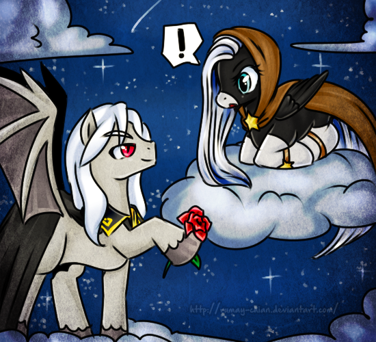 Size: 550x500 | Tagged: safe, artist:rumay-chian, derpibooru import, oc, oc:angela starlight, oc:dracula, pegasus, pony, vampire, vampony, bat wings, cloak, clothes, cloud, exclamation point, flower, night, pegasus oc, red eyes, rose, sky, socks (coat marking), stars, wings