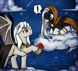 Size: 550x500 | Tagged: safe, artist:rumay-chian, derpibooru import, oc, oc:angela starlight, oc:dracula, pegasus, pony, vampire, vampony, bat wings, cloak, clothes, cloud, exclamation point, flower, night, pegasus oc, red eyes, rose, sky, socks (coat marking), stars, wings