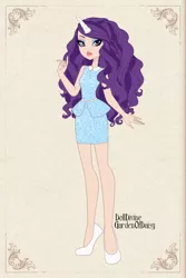 Size: 800x1200 | Tagged: artist:gardenofdaisy, artist:hippykat13, belt, clothes, derpibooru import, dolldivine, dress, dressup, dressup game, ever after high, eyeshadow, flats, horn, horned humanization, human, humanized, makeup, rarity, safe, shoes, solo