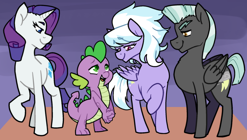 Size: 1024x580 | Tagged: safe, derpibooru import, cloudchaser, rarity, spike, thunderlane, dragon, pegasus, pony, unicorn, cute, cutechaser, daaaaaaaaaaaw, female, looking at each other, male, mare, shipper on deck, shipping, spikechaser, spikelove, stallion, straight, thunderbetes