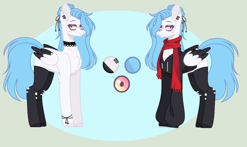 Size: 1456x866 | Tagged: safe, artist:nocturnal-moonlight, derpibooru import, oc, oc:nocturnal moonlight, pegasus, pony, clothes, female, hoodie, mare, reference sheet, scarf, socks, solo, two toned wings, wings