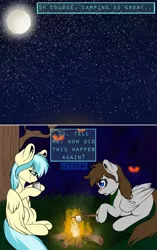 Size: 500x794 | Tagged: safe, artist:ask-misty-wondebolt, artist:misty-wonderbolt, derpibooru import, misty fly, oc, oc:fuselight, pegasus, pony, campfire, female, fire, food, mare, marshmallow, moon, rule 63, starry sky, tree