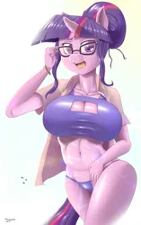 Size: 1282x2044 | Tagged: suggestive, artist:kingjnar, derpibooru import, sci-twi, twilight sparkle, ponified, anthro, pony, unicorn, equestria girls, big breasts, boob window, breasts, busty sci-twi, busty twilight sparkle, equestria girls ponified, female, glasses, hair bun, huge breasts, looking at you, smiling, solo, solo female, unicorn sci-twi