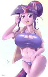 Size: 1282x2044 | Tagged: anthro, artist:kingjnar, big breasts, bikini, boob window, breasts, busty twilight sparkle, clothes, derpibooru import, female, looking at you, smiling, solo, solo female, suggestive, swimsuit, twilight sparkle