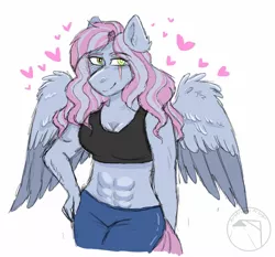 Size: 1390x1296 | Tagged: anthro, artist:streetlightsatnight, blind eye, clothes, derpibooru import, kindverse, midriff, oc, oc:turquoise edge, offspring, parent:limestone pie, parents:zephyrstone, parent:zephyr breeze, pegasus, safe, sports bra, unofficial characters only