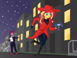 Size: 3600x2700 | Tagged: safe, artist:miipack603, derpibooru import, sunset shimmer, tempest shadow, equestria girls, aura, belt, belt buckle, blouse, boots, building, business suit, businessmare, canon, carmen sandiego, city, cityscape, clothes, coat, complex background, diamond, equestria girls-ified, female, gloves, glow, hat, light, magic, manehattan, motion blur, night, pants, perspective, pointing, running, scenic background, shadow, shoes, simple shading, stairs, stars, street, suit, sweater, wide-brimmed hat, woman
