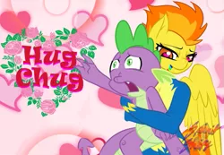 Size: 593x410 | Tagged: artist needed, safe, derpibooru import, spike, spitfire, dragon, pegasus, pony, fanfic:hug chug, back hug, clothes, fanfic art, female, flower, heart, heart eyes, holiday, hug, mare, open mouth, reaching out, smiling, spikefire, uniform, valentine's day, wingding eyes, wonderbolts uniform