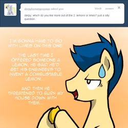 Size: 512x512 | Tagged: safe, artist:shadowkixx, derpibooru import, oc, oc:sunray smiles, earth pony, pony, ask sunray smiles, ask, food, lemon, male, solo, stallion, sweat, sweatdrop, tumblr