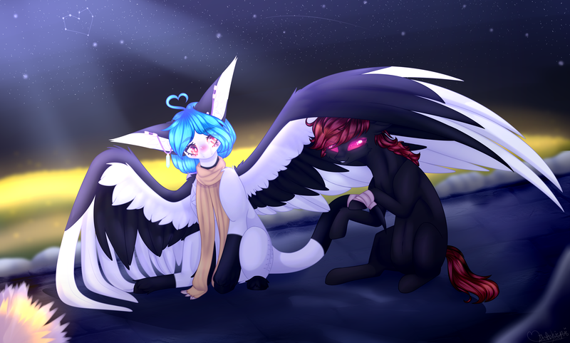 Size: 4493x2700 | Tagged: safe, artist:honeybbear, derpibooru import, oc, oc:beatz, oc:grommet, unofficial characters only, nocturnal howler, original species, pegasus, pony, bandage, clothes, female, mare, scarf, two toned wings, wings