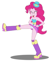 Size: 2037x2604 | Tagged: suggestive, artist:remcmaximus, derpibooru import, pinkie pie, human, equestria girls, blue underwear, boots, clothes, female, happy, hat, open mouth, panties, raised leg, shoes, simple background, skirt, skirt lift, solo, solo female, transparent background, underwear, upskirt