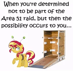 Size: 876x856 | Tagged: safe, derpibooru import, edit, edited screencap, editor:leonidus, screencap, sunset shimmer, alien, pony, unicorn, equestria girls, mirror magic, spoiler:eqg specials, area 51, crate, cute, deely bobbers, female, funny, meme, shimmerbetes, simple background, smiling, smirk, solo, text, white background
