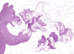 Size: 1600x1168 | Tagged: safe, artist:dstears, derpibooru import, apple bloom, scootaloo, sweetie belle, bear, pony, ursa, ursa minor, fighting is magic, badass, badass adorable, chrono trigger, cute, cutie mark crusaders, female, headband, katana, magic, parody, sweetie belle's magic brings a great big smile, sword, this will end in tears and/or death and/or covered in tree sap, weapon