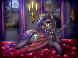 Size: 3000x2215 | Tagged: suggestive, artist:megabait, derpibooru import, oc, oc:dawn sentry, unofficial characters only, bat pony, pony, bat pony oc, bat wings, bed, candle, candlelight, chained, chains, collar, fangs, female, femsub, high res, mare, moon, night, open mouth, rose petals, solo, solo female, spiked collar, submissive, tongue out, window, wings