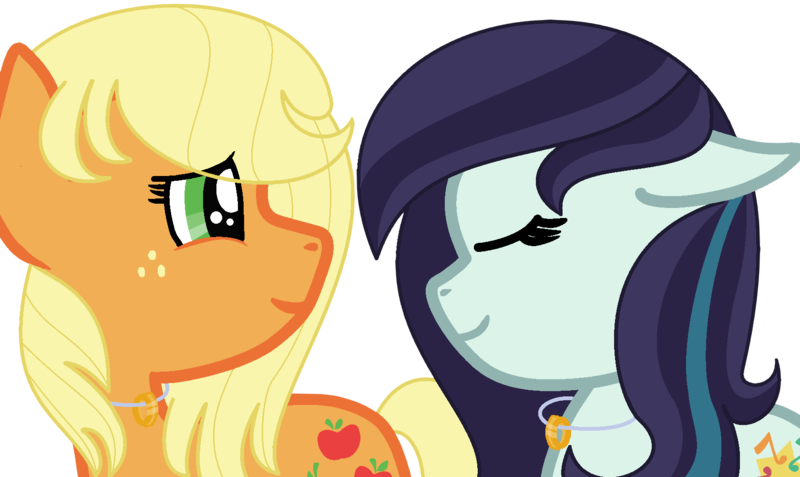 Size: 1678x1000 | Tagged: safe, artist:sapphirefeatherdust, derpibooru import, applejack, coloratura, earth pony, pony, alternate hairstyle, eyes closed, female, freckles, jewelry, lesbian, mare, necklace, rarajack, ring, shipping, simple background, transparent background, wedding ring