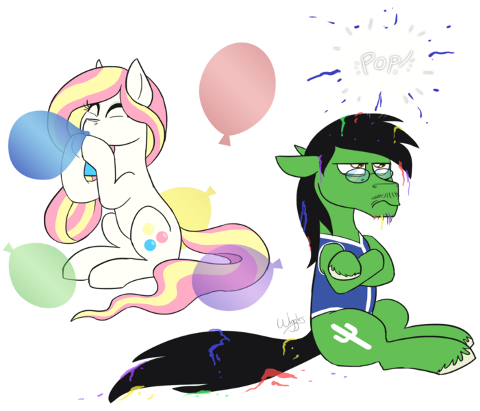 Size: 1280x1096 | Tagged: safe, artist:wiggles, derpibooru import, oc, oc:bubble burst, oc:cactus needles, pony, balloon, balloon popping, beard, blowing up balloons, clothes, crossed arms, duo, facial hair, female, glasses, male, mare, moustache, popping, sitting, stallion, unamused, unshorn fetlocks