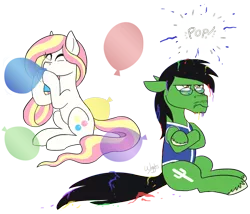 Size: 1280x1096 | Tagged: safe, artist:wiggles, derpibooru import, oc, oc:bubble burst, oc:cactus needles, pony, balloon, balloon popping, beard, blowing up balloons, clothes, crossed arms, duo, facial hair, female, glasses, male, mare, moustache, popping, sitting, stallion, unamused, unshorn fetlocks