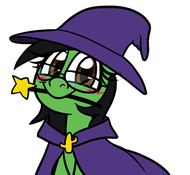 Size: 661x610 | Tagged: safe, artist:alittleofsomething, derpibooru import, oc, oc:prickly pears, pony, cactus, emblem, glasses, hat, looking at you, magic wand, mouth hold, smiling, witch, witch hat