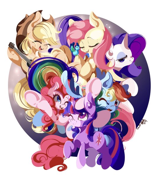 Size: 1792x2048 | Tagged: safe, artist:tohupo, derpibooru import, applejack, fluttershy, pinkie pie, rainbow dash, rarity, twilight sparkle, twilight sparkle (alicorn), alicorn, bird, earth pony, pegasus, pony, unicorn, cute, eyes closed, female, guitar, mane six, mare, musical instrument, one eye closed, open mouth