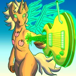 Size: 1000x1000 | Tagged: safe, artist:korencz11, derpibooru import, applejack, alicorn, pony, fanfic:star overhead, atg 2019, flying, guitar, magic, musical instrument, newbie artist training grounds, solo, wings