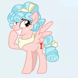 Size: 1000x1000 | Tagged: source needed, safe, artist:sailorrainbow13, derpibooru import, cozy glow, pegasus, pony, adult, bandana, blue background, bow, curly hair, female, freckles, grin, hair bow, mare, older, older cozy glow, raised hoof, simple background, smiling, smirk, solo, standing, tail bow, white background