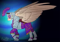 Size: 1423x1000 | Tagged: safe, artist:sunny way, derpibooru import, oc, oc:scrappy rug, unofficial characters only, pegasus, pony, armor, female, legion, mare, rcf community, solo, wings, wings of steel