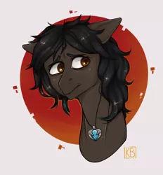 Size: 1472x1587 | Tagged: safe, artist:karamboll, derpibooru import, oc, earth pony, pony, accessories, bust, commission, dark hair, dark skin, head, jewelry, nervous, portrait, shy, solo