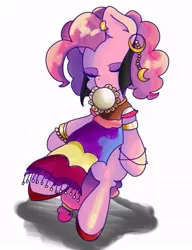 Size: 501x654 | Tagged: safe, artist:koto, derpibooru import, pinkie pie, pony, friendship is witchcraft, bipedal, clothes, ear piercing, earring, eyes closed, gypsy pie, jewelry, mouth hold, musical instrument, piercing, pixiv, romani, simple background, solo, tambourine, white background