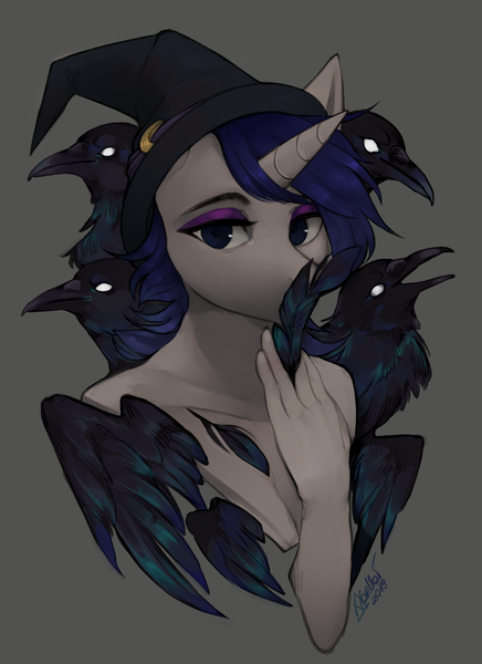 Size: 1200x1650 | Tagged: safe, artist:varllai, derpibooru import, oc, oc:moonlit silver, anthro, bird, crow, unicorn, bust, commission, hat, portrait, solo, your character here