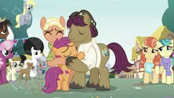 Size: 2730x1536 | Tagged: safe, derpibooru import, screencap, aunt holiday, auntie lofty, cheerilee, derpy hooves, mane allgood, ripley, scootaloo, snap shutter, trouble shoes, zippoorwhill, pony, the last crusade, family