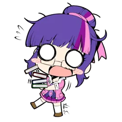 Size: 500x500 | Tagged: anime, artist:banzatou, blushing, book, chibi, clothes, cute, derpibooru import, female, glasses, hair bun, human, humanized, manga style, open mouth, pleated skirt, plewds, safe, shoes, simple background, skirt, socks, solo, transparent background, twiabetes, twilight sparkle