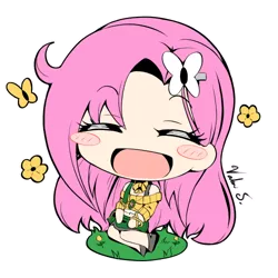 Size: 500x500 | Tagged: anime, artist:banzatou, blushing, chibi, cute, derpibooru import, eyes closed, female, flower, fluttershy, human, humanized, manga style, open mouth, safe, shyabetes, simple background, sitting, solo, transparent background