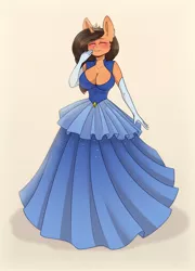 Size: 1558x2160 | Tagged: safe, artist:glumarkoj, derpibooru import, oc, oc:amiona, unofficial characters only, anthro, unicorn, big breasts, breasts, cleavage, clothes, cute, dress, evening gloves, female, gala dress, gloves, gown, happy, horn, jewelry, long gloves, mare, regalia, simple background, smiling, solo, tiara