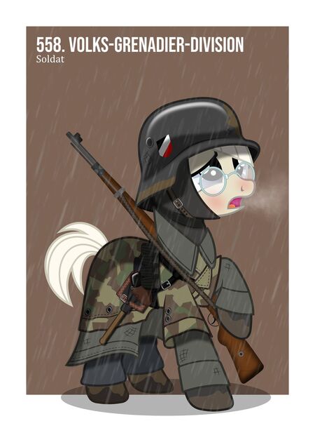 Size: 1024x1366 | Tagged: safe, artist:brony-works, derpibooru import, pony, camouflage, clothes, cold, female, glasses, gun, helmet, kar98k, mare, nazi, nazi germany, pants, rain, rifle, round glasses, short tail, shovel, solo, stahlhelm, trenchcoat, uniform, visible breath, volksgrenadier, weapon, world war ii